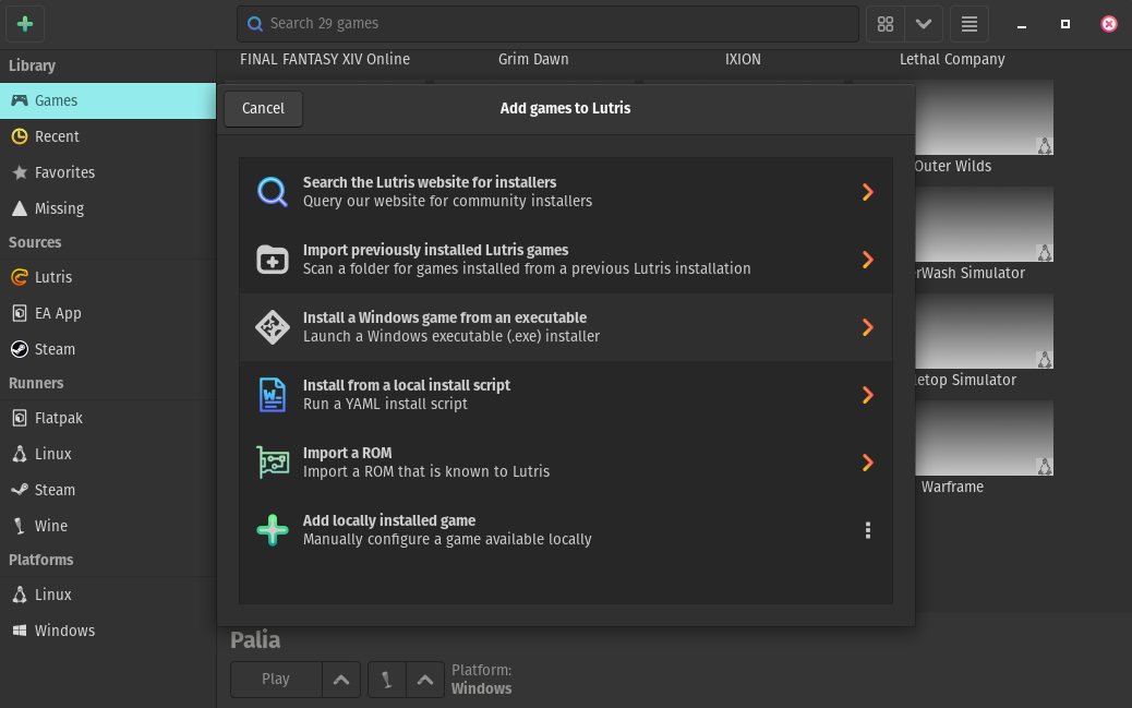 Lutris install selection