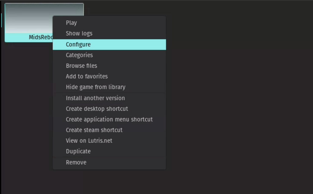 View of options when right clicking a game in Lutris