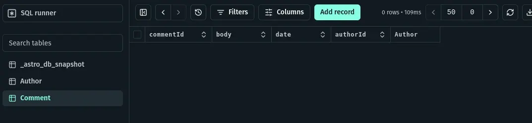 Drizzle Studio showing 3 tables: _astro_db_snapsnot, Author, and Comment